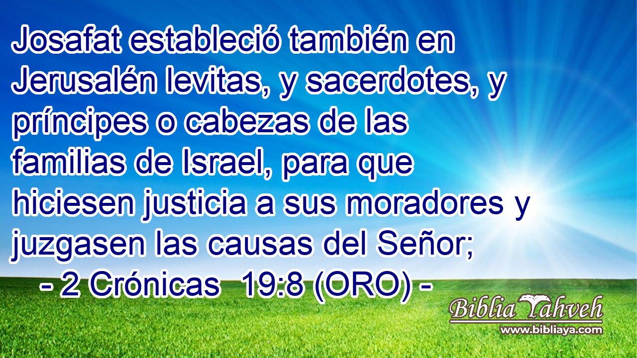  Josafat estableció también en Jerusalén levitas, y sacerdotes, y príncipes o cabezas de las familias de Israel, para que hiciesen justicia a sus moradores y juzgasen las causas del Señor; 