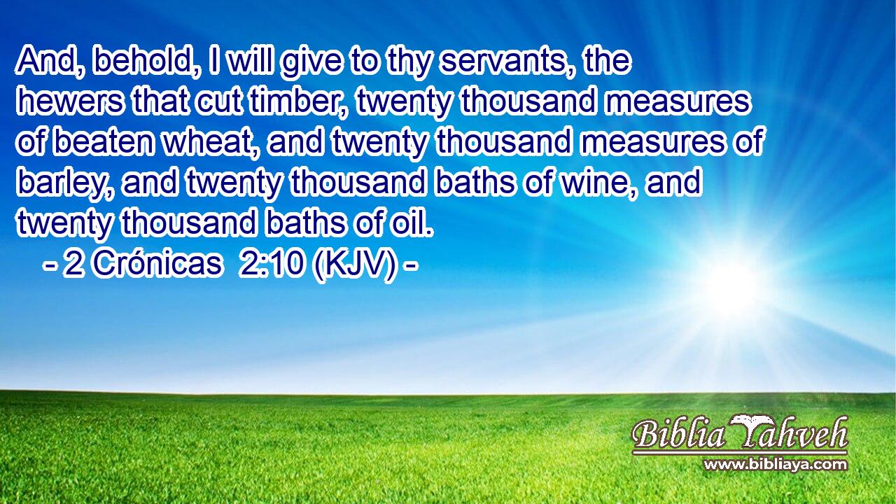 And, behold, I will give to thy servants, the hewers that cut timber, twenty thousand measures of beaten wheat, and twenty thousand measures of barley, and twenty thousand baths of wine, and twenty thousand baths of oil.