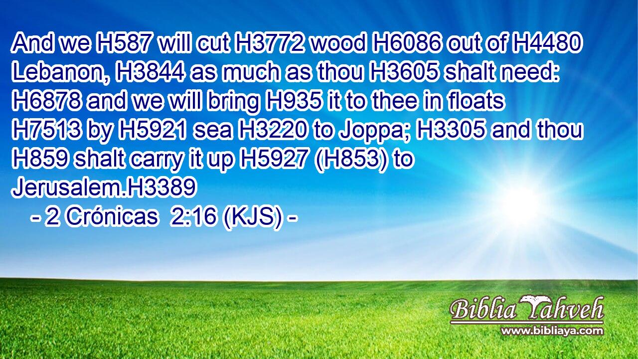 And we H587 will cut H3772 wood H6086 out of H4480 Lebanon, H3844 as much as thou H3605 shalt need: H6878 and we will bring H935 it to thee in floats H7513 by H5921 sea H3220 to Joppa; H3305 and thou H859 shalt carry it up H5927 (H853) to Jerusalem.H3389