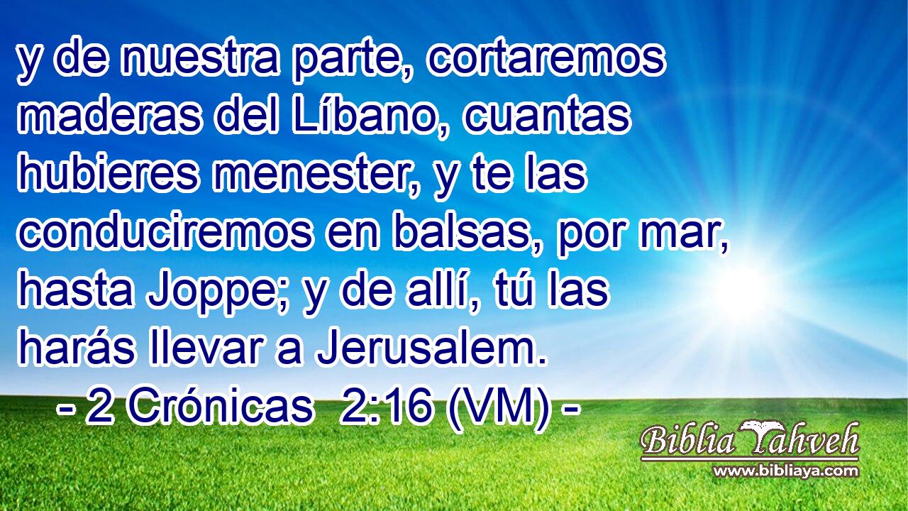  y de nuestra parte, cortaremos maderas del Líbano, cuantas hubieres menester, y te las conduciremos en balsas, por mar, hasta Joppe; y de allí, tú las harás llevar a Jerusalem. 
