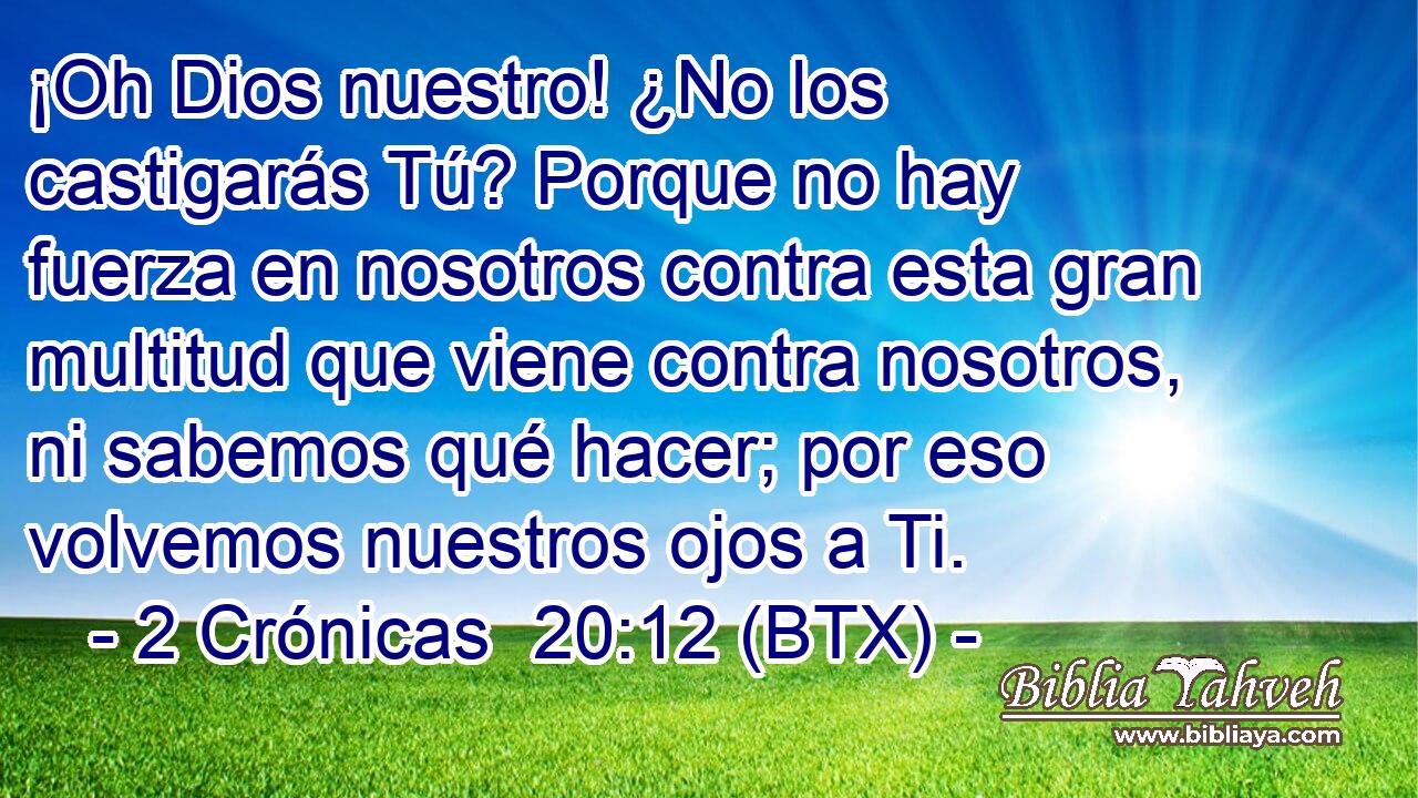 ¡Oh Dios nuestro! ¿No los castigarás Tú? Porque no hay fuerza en nosotros contra esta gran multitud que viene contra nosotros, ni sabemos qué hacer; por eso volvemos nuestros ojos a Ti.