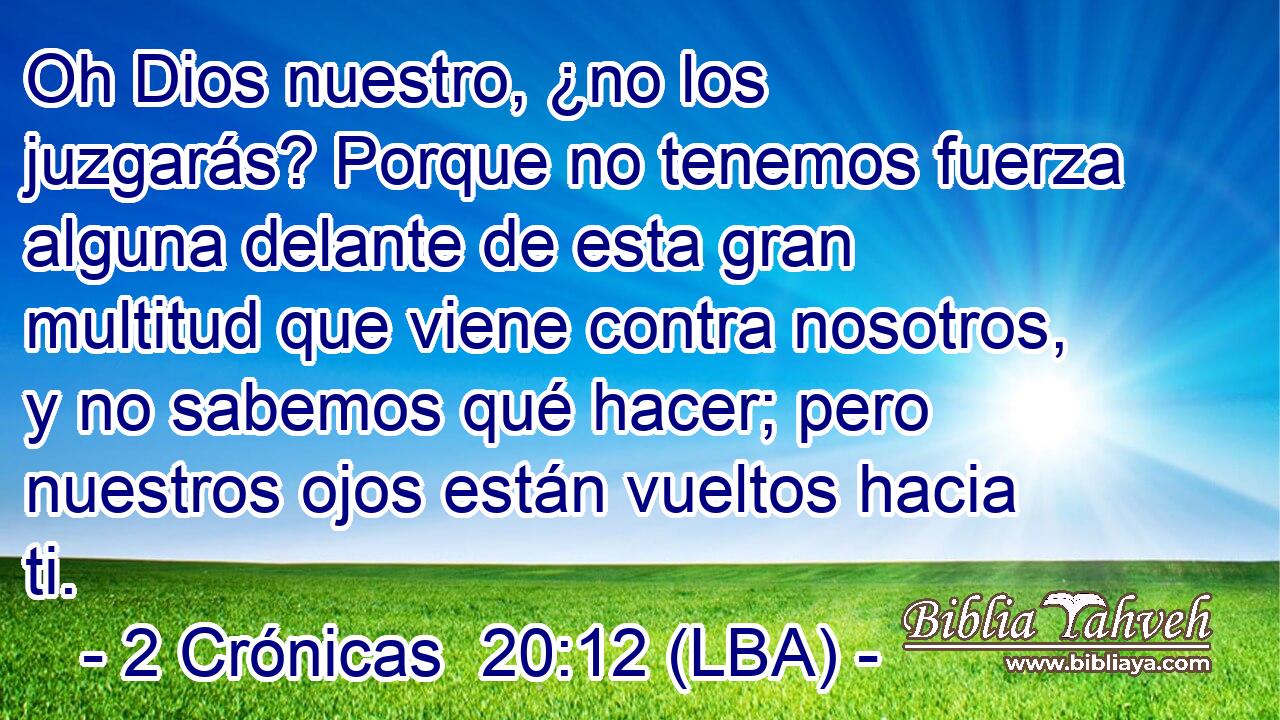 Oh Dios nuestro, ¿no los juzgarás? Porque no tenemos fuerza alguna delante de esta gran multitud que viene contra nosotros, y no sabemos qué hacer; pero nuestros ojos están vueltos hacia ti.