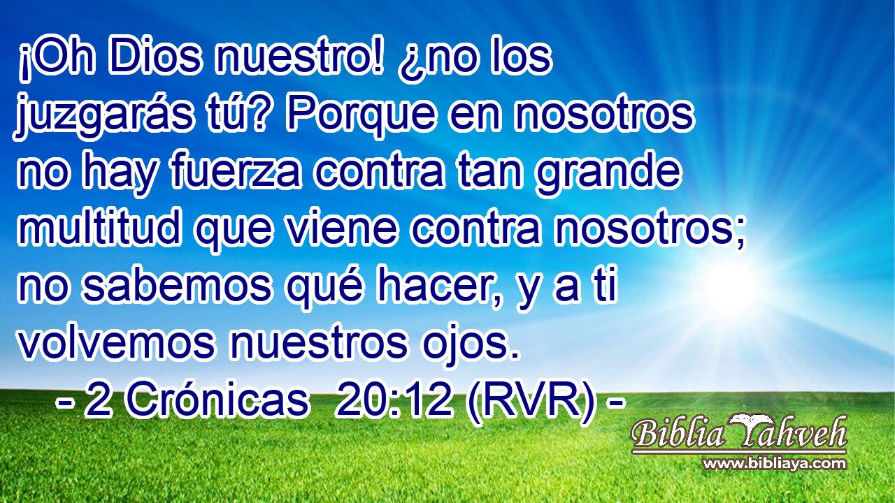 ¡Oh Dios nuestro! ¿no los juzgarás tú? Porque en nosotros no hay fuerza contra tan grande multitud que viene contra nosotros; no sabemos qué hacer, y a ti volvemos nuestros ojos.