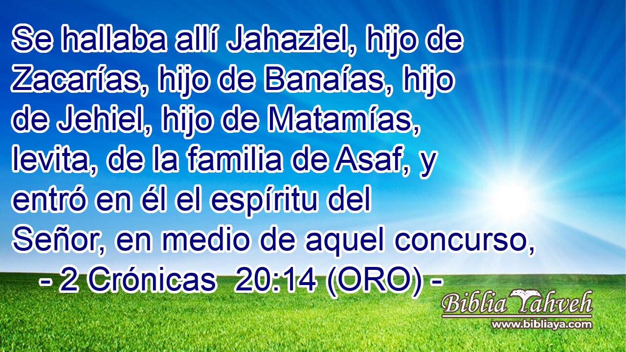  Se hallaba allí Jahaziel, hijo de Zacarías, hijo de Banaías, hijo de Jehiel, hijo de Matamías, levita, de la familia de Asaf, y entró en él el espíritu del Señor, en medio de aquel concurso, 