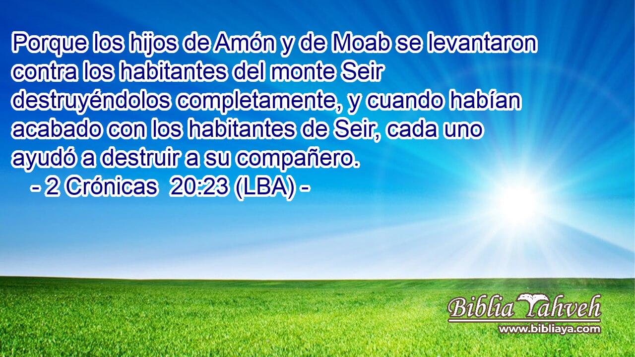 Porque los hijos de Amón y de Moab se levantaron contra los habitantes del monte Seir destruyéndolos completamente, y cuando habían acabado con los habitantes de Seir, cada uno ayudó a destruir a su compañero.