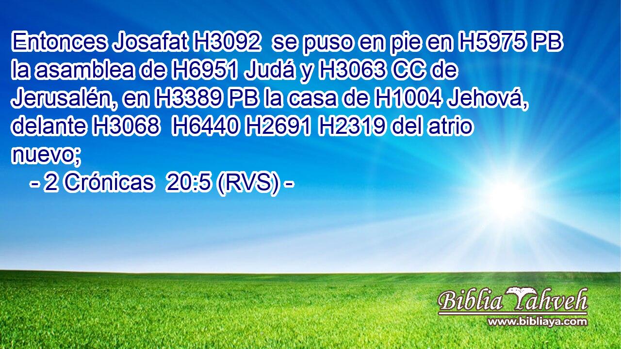 Entonces Josafat H3092  se puso en pie en H5975 PB la asamblea de H6951 Judá y H3063 CC de Jerusalén, en H3389 PB la casa de H1004 Jehová, delante H3068  H6440 H2691 H2319 del atrio nuevo; 