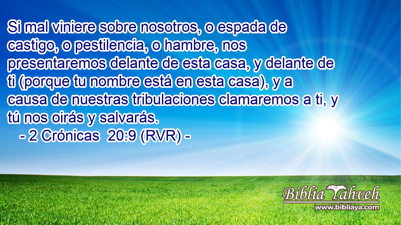 Si mal viniere sobre nosotros, o espada de castigo, o pestilencia, o hambre, nos presentaremos delante de esta casa, y delante de ti (porque tu nombre está en esta casa), y a causa de nuestras tribulaciones clamaremos a ti, y tú nos oirás y salvarás.