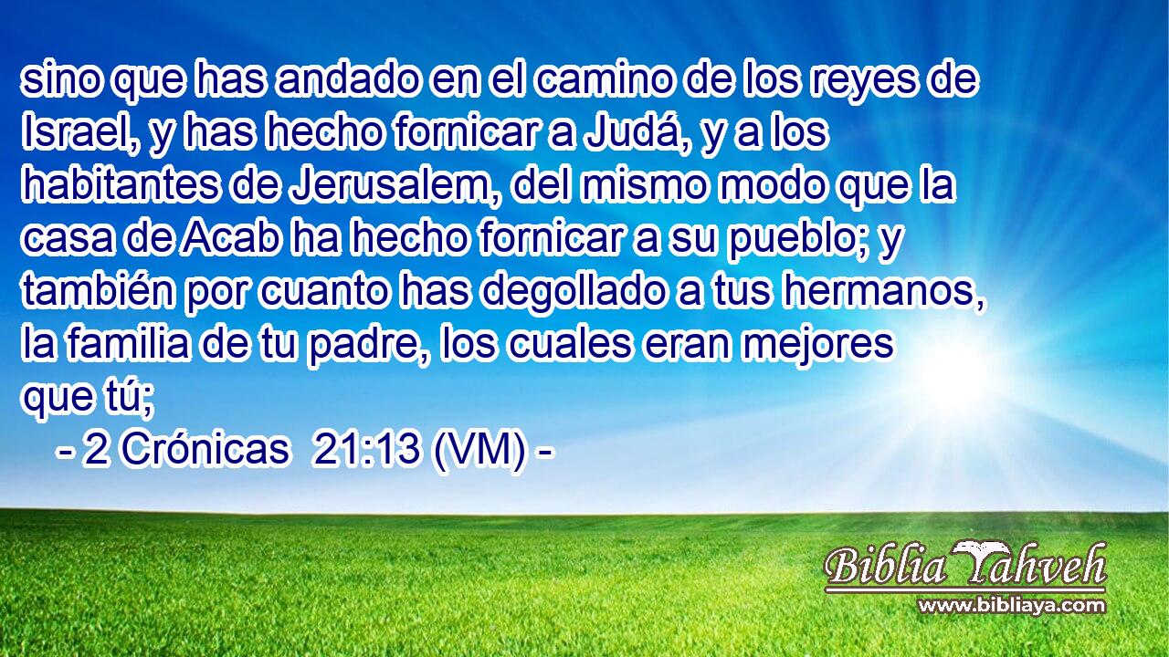  sino que has andado en el camino de los reyes de Israel, y has hecho fornicar a Judá, y a los habitantes de Jerusalem, del mismo modo que la casa de Acab ha hecho fornicar a su pueblo; y también por cuanto has degollado a tus hermanos, la familia de tu padre, los cuales eran mejores que tú; 