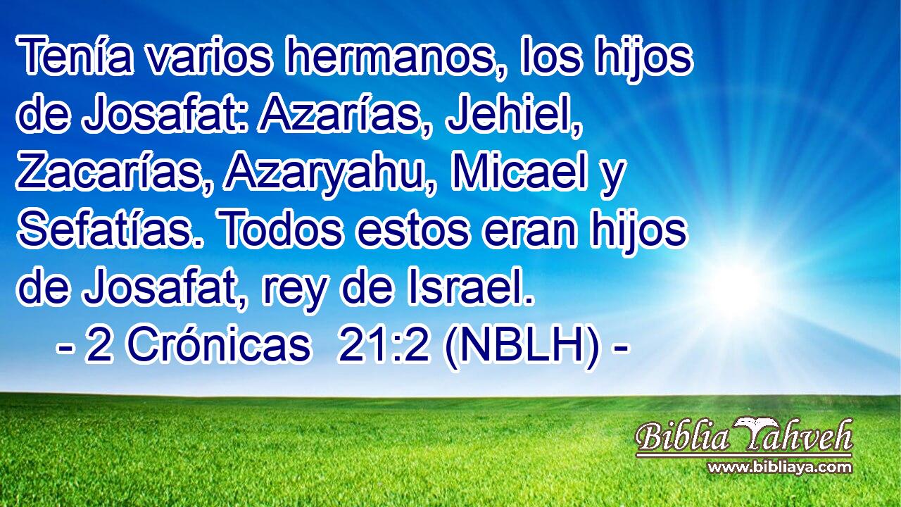  Tenía varios hermanos, los hijos de Josafat: Azarías, Jehiel, Zacarías, Azaryahu, Micael y Sefatías. Todos estos eran hijos de Josafat, rey de Israel. 