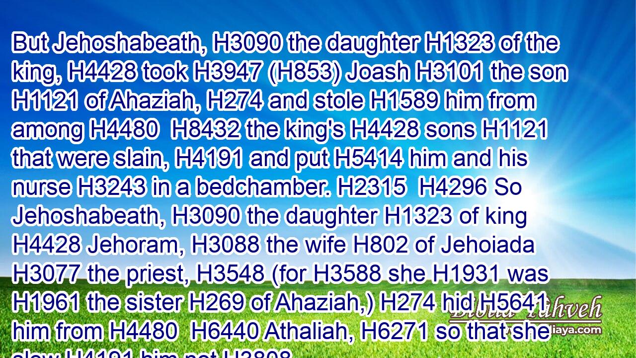 But Jehoshabeath, H3090 the daughter H1323 of the king, H4428 took H3947 (H853) Joash H3101 the son H1121 of Ahaziah, H274 and stole H1589 him from among H4480  H8432 the king's H4428 sons H1121 that were slain, H4191 and put H5414 him and his nurse H3243 in a bedchamber. H2315  H4296 So Jehoshabeath, H3090 the daughter H1323 of king H4428 Jehoram, H3088 the wife H802 of Jehoiada H3077 the priest, H3548 (for H3588 she H1931 was H1961 the sister H269 of Ahaziah,) H274 hid H5641 him from H4480  H6440 Athaliah, H6271 so that she slew H4191 him not.H3808