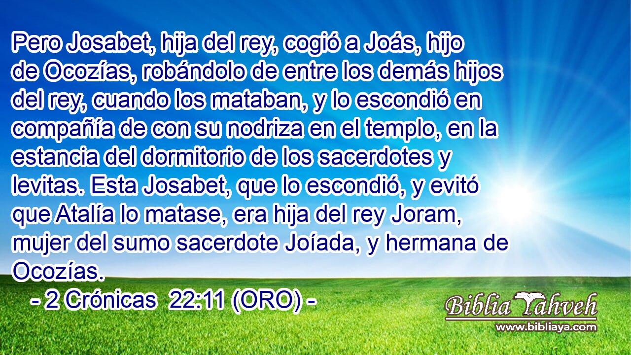  Pero Josabet, hija del rey, cogió a Joás, hijo de Ocozías, robándolo de entre los demás hijos del rey, cuando los mataban, y lo escondió en compañía de con su nodriza en el templo, en la estancia del dormitorio de los sacerdotes y levitas. Esta Josabet, que lo escondió, y evitó que Atalía lo matase, era hija del rey Joram, mujer del sumo sacerdote Joíada, y hermana de Ocozías. 