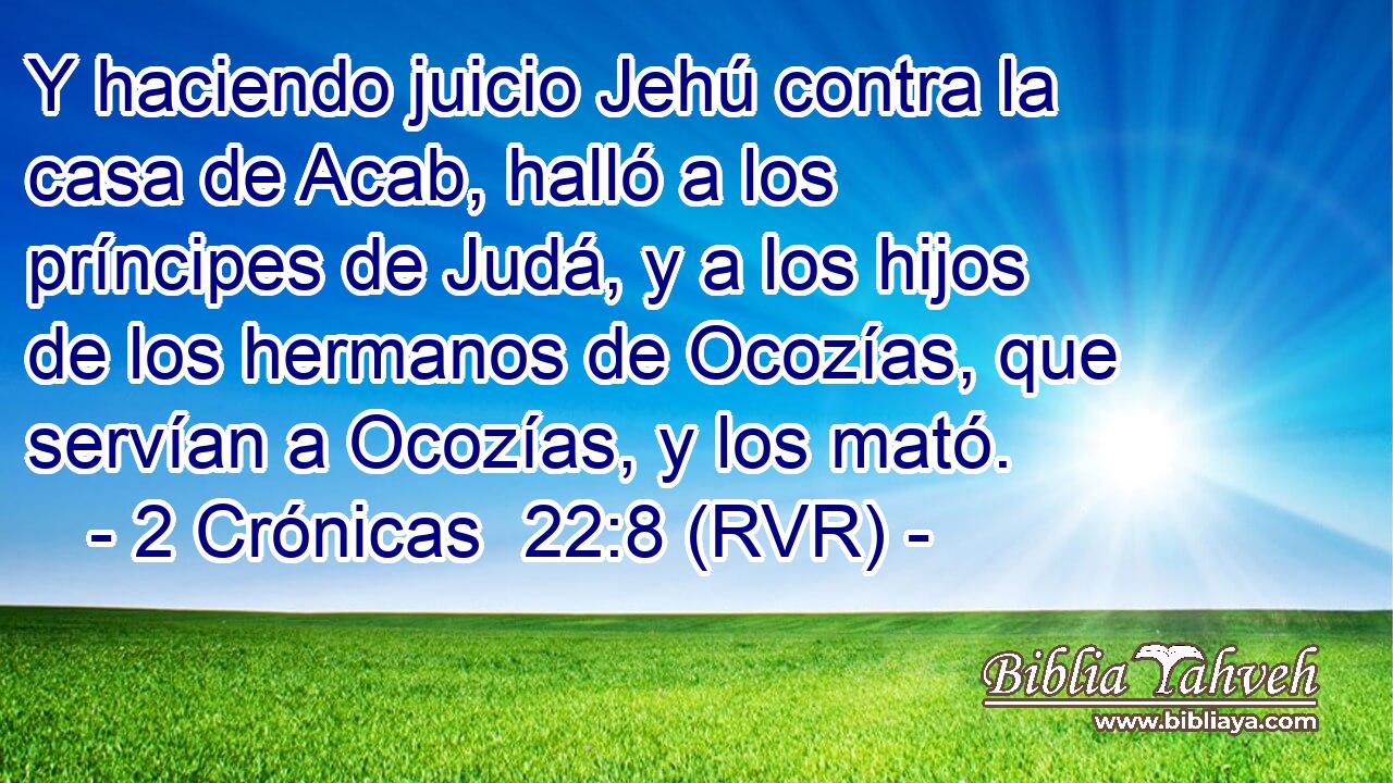 Y haciendo juicio Jehú contra la casa de Acab, halló a los príncipes de Judá, y a los hijos de los hermanos de Ocozías, que servían a Ocozías, y los mató.
