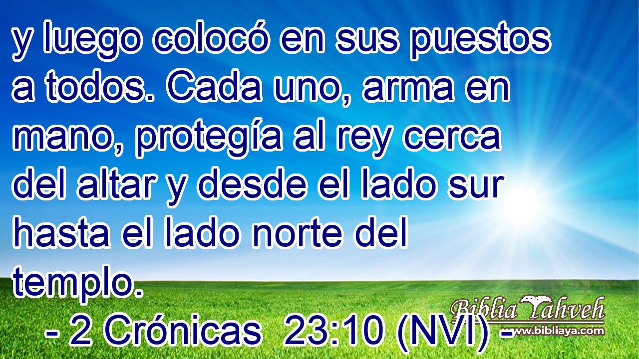  y luego colocó en sus puestos a todos. Cada uno, arma en mano, protegía al rey cerca del altar y desde el lado sur hasta el lado norte del templo. 