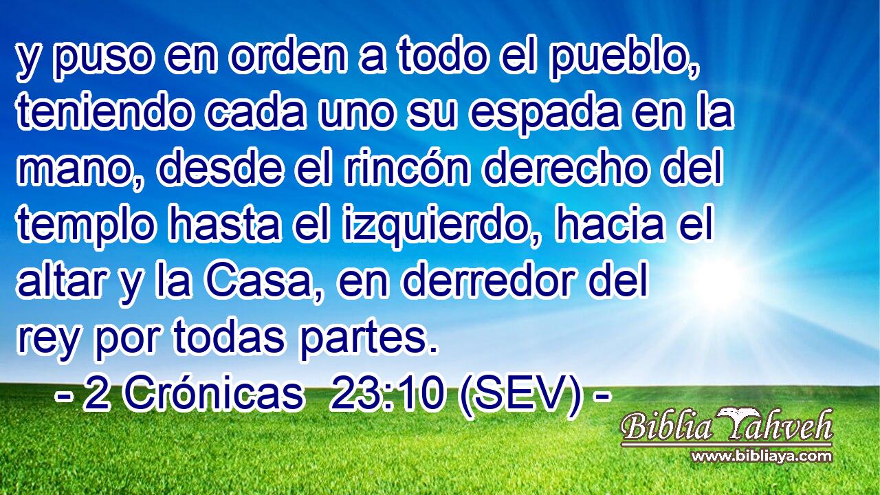 y puso en orden a todo el pueblo, teniendo cada uno su espada en la mano, desde el rincón derecho del templo hasta el izquierdo, hacia el altar y la Casa, en derredor del rey por todas partes.