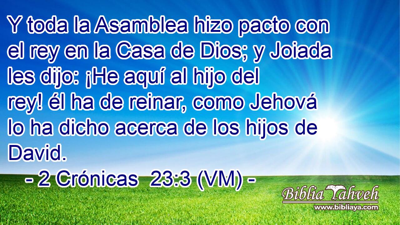  Y toda la Asamblea hizo pacto con el rey en la Casa de Dios; y Joiada les dijo: ¡He aquí al hijo del rey! él ha de reinar, como Jehová lo ha dicho acerca de los hijos de David. 