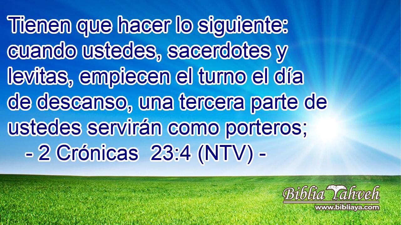 Tienen que hacer lo siguiente: cuando ustedes, sacerdotes y levitas, empiecen el turno el día de descanso, una tercera parte de ustedes servirán como porteros;