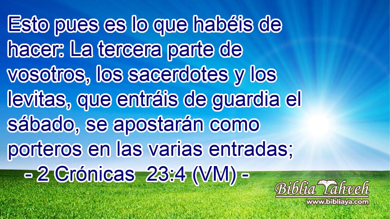  Esto pues es lo que habéis de hacer: La tercera parte de vosotros, los sacerdotes y los levitas, que entráis de guardia el sábado, se apostarán como porteros en las varias entradas; 
