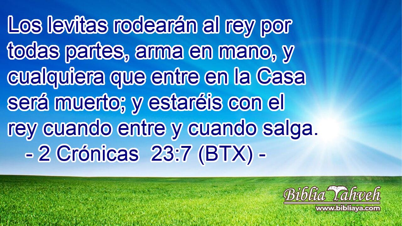 Los levitas rodearán al rey por todas partes, arma en mano, y cualquiera que entre en la Casa será muerto; y estaréis con el rey cuando entre y cuando salga.