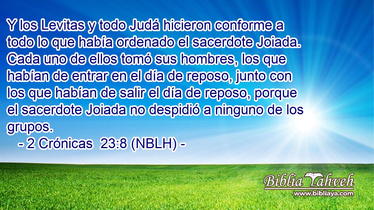  Y los Levitas y todo Judá hicieron conforme a todo lo que había ordenado el sacerdote Joiada. Cada uno de ellos tomó sus hombres, los que habían de entrar en el día de reposo, junto con los que habían de salir el día de reposo, porque el sacerdote Joiada no despidió a ninguno de los grupos. 