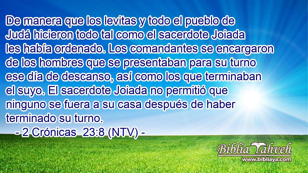 De manera que los levitas y todo el pueblo de Judá hicieron todo tal como el sacerdote Joiada les había ordenado. Los comandantes se encargaron de los hombres que se presentaban para su turno ese día de descanso, así como los que terminaban el suyo. El sacerdote Joiada no permitió que ninguno se fuera a su casa después de haber terminado su turno.