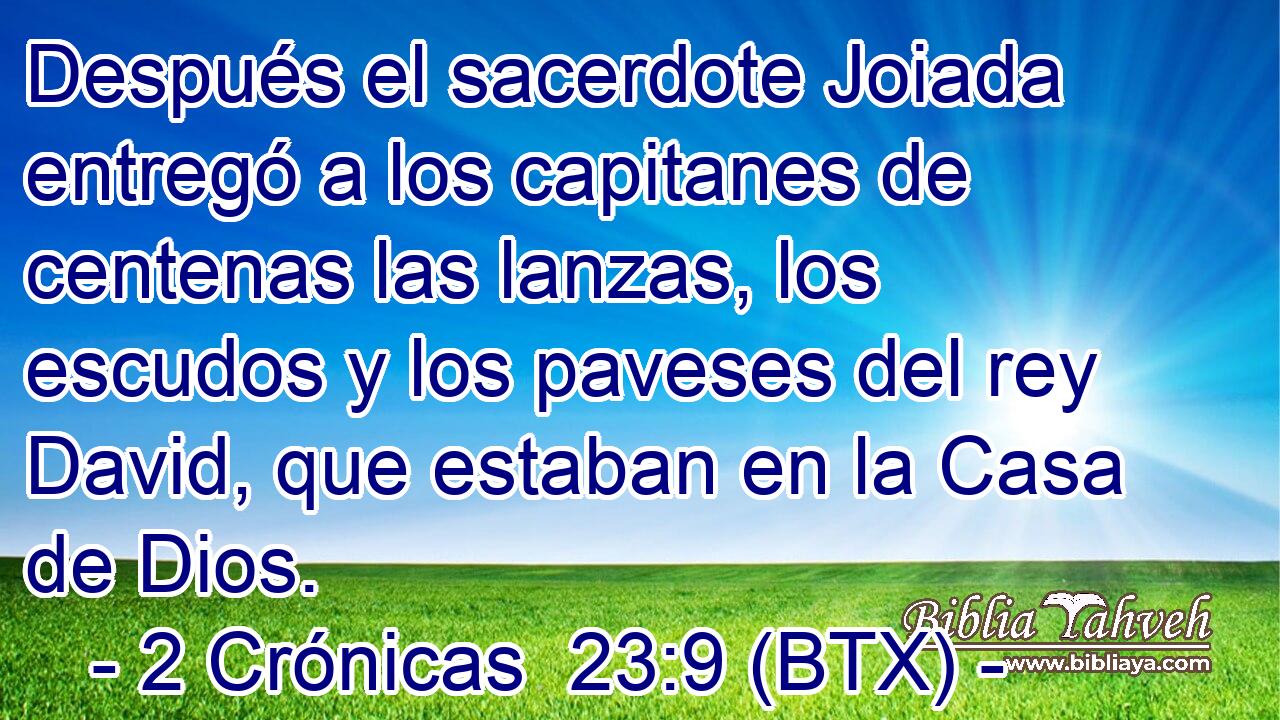 Después el sacerdote Joiada entregó a los capitanes de centenas las lanzas, los escudos y los paveses del rey David, que estaban en la Casa de Dios.