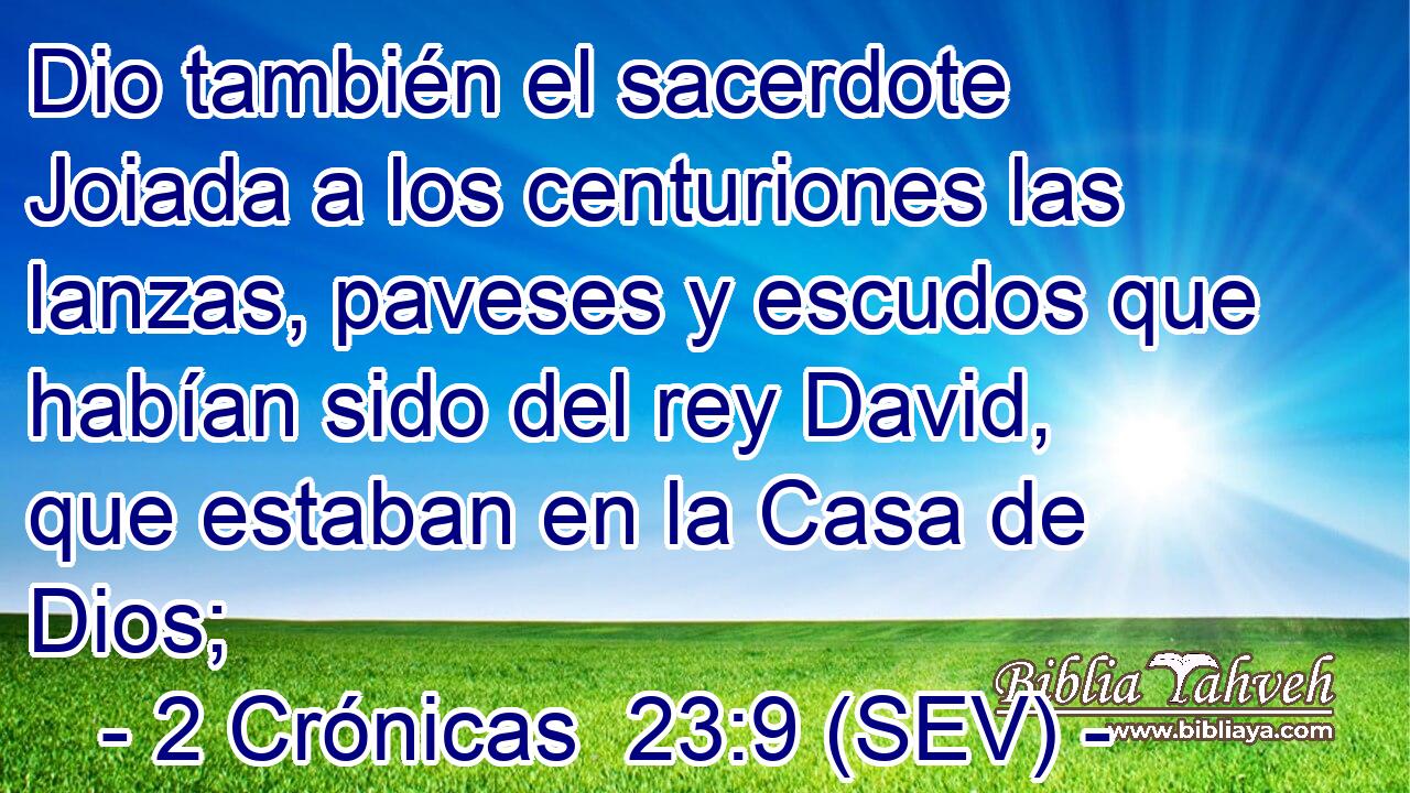 Dio también el sacerdote Joiada a los centuriones las lanzas, paveses y escudos que habían sido del rey David, que estaban en la Casa de Dios;