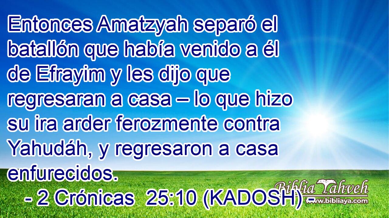  Entonces Amatzyah separó el batallón que había venido a él de Efrayim y les dijo que regresaran a casa – lo que hizo su ira arder ferozmente contra Yahudáh, y regresaron a casa enfurecidos. 