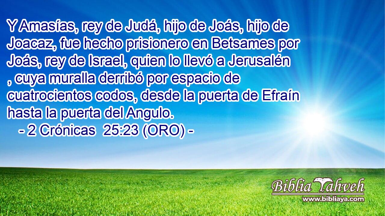  Y Amasías, rey de Judá, hijo de Joás, hijo de Joacaz, fue hecho prisionero en Betsames por Joás, rey de Israel, quien lo llevó a Jerusalén , cuya muralla derribó por espacio de cuatrocientos codos, desde la puerta de Efraín hasta la puerta del Angulo. 