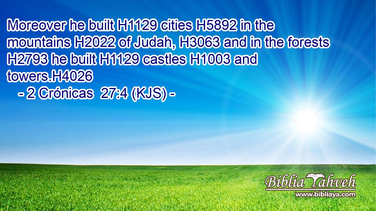 Moreover he built H1129 cities H5892 in the mountains H2022 of Judah, H3063 and in the forests H2793 he built H1129 castles H1003 and towers.H4026