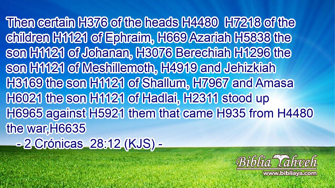 Then certain H376 of the heads H4480  H7218 of the children H1121 of Ephraim, H669 Azariah H5838 the son H1121 of Johanan, H3076 Berechiah H1296 the son H1121 of Meshillemoth, H4919 and Jehizkiah H3169 the son H1121 of Shallum, H7967 and Amasa H6021 the son H1121 of Hadlai, H2311 stood up H6965 against H5921 them that came H935 from H4480 the war,H6635