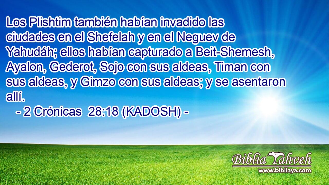  Los Plishtim también habían invadido las ciudades en el Shefelah y en el Neguev de Yahudáh; ellos habían capturado a Beit-Shemesh, Ayalon, Gederot, Sojo con sus aldeas, Timan con sus aldeas, y Gimzo con sus aldeas; y se asentaron allí. 