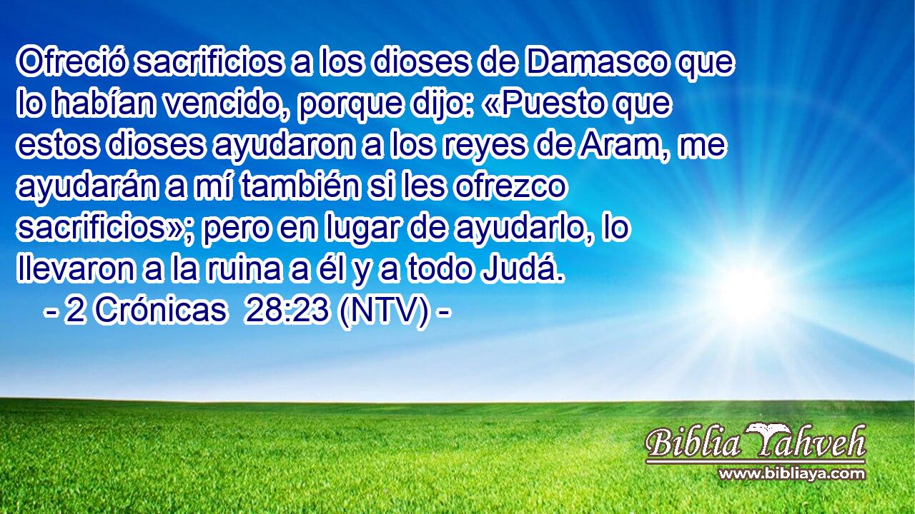 Ofreció sacrificios a los dioses de Damasco que lo habían vencido, porque dijo: «Puesto que estos dioses ayudaron a los reyes de Aram, me ayudarán a mí también si les ofrezco sacrificios»; pero en lugar de ayudarlo, lo llevaron a la ruina a él y a todo Judá.