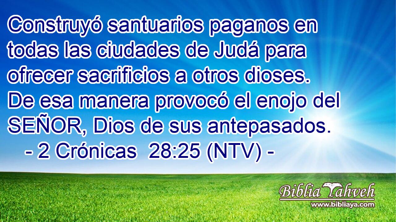 Construyó santuarios paganos en todas las ciudades de Judá para ofrecer sacrificios a otros dioses. De esa manera provocó el enojo del SEÑOR, Dios de sus antepasados.