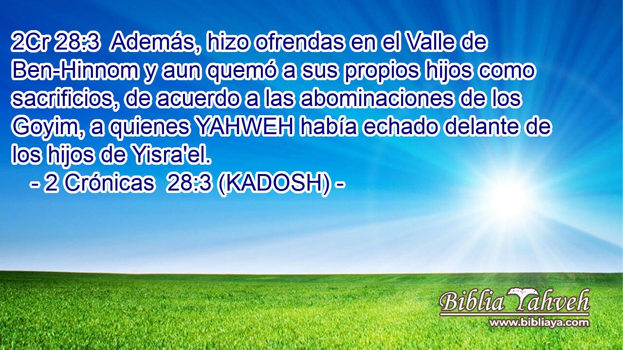  Además, hizo ofrendas en el Valle de Ben-Hinnom y aun quemó a sus propios hijos como sacrificios, de acuerdo a las abominaciones de los Goyim, a quienes YAHWEH había echado delante de los hijos de Yisra'el. 