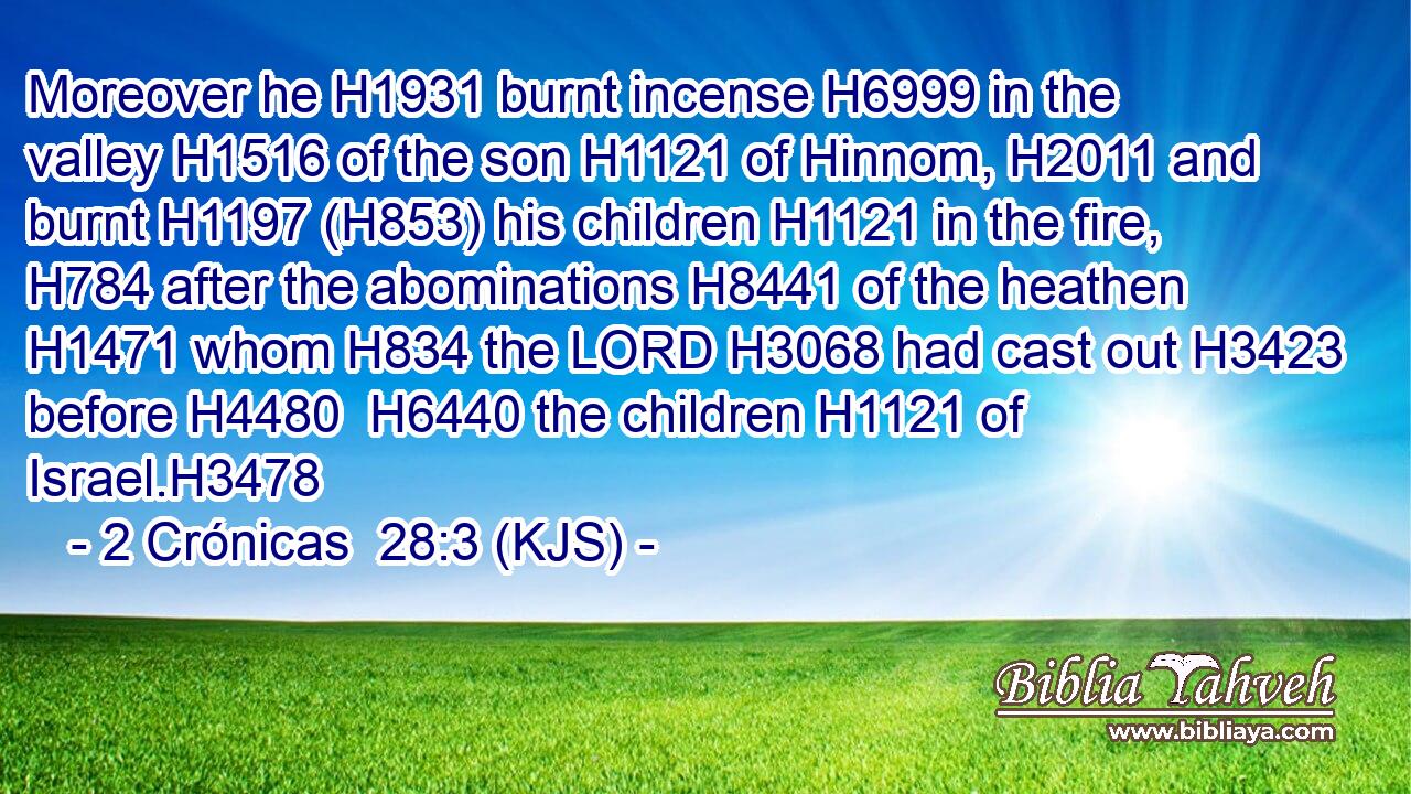 Moreover he H1931 burnt incense H6999 in the valley H1516 of the son H1121 of Hinnom, H2011 and burnt H1197 (H853) his children H1121 in the fire, H784 after the abominations H8441 of the heathen H1471 whom H834 the LORD H3068 had cast out H3423 before H4480  H6440 the children H1121 of Israel.H3478