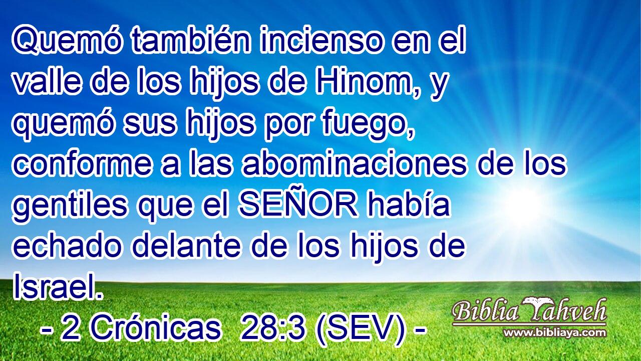 Quemó también incienso en el valle de los hijos de Hinom, y quemó sus hijos por fuego, conforme a las abominaciones de los gentiles que el SEÑOR había echado delante de los hijos de Israel.