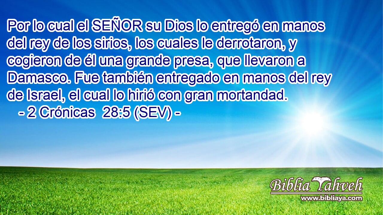 Por lo cual el SEÑOR su Dios lo entregó en manos del rey de los sirios, los cuales le derrotaron, y cogieron de él una grande presa, que llevaron a Damasco. Fue también entregado en manos del rey de Israel, el cual lo hirió con gran mortandad.