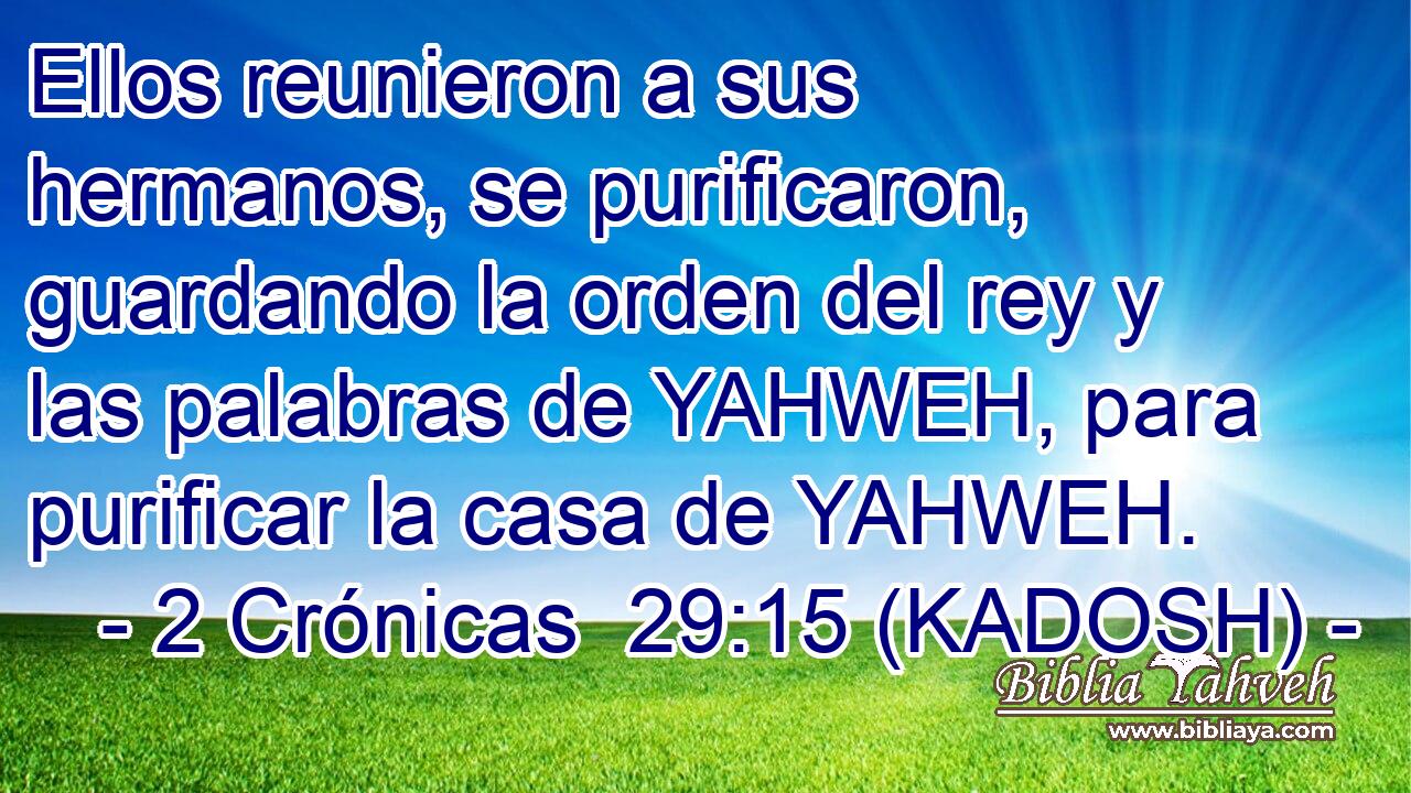  Ellos reunieron a sus hermanos, se purificaron, guardando la orden del rey y las palabras de YAHWEH, para purificar la casa de YAHWEH. 
