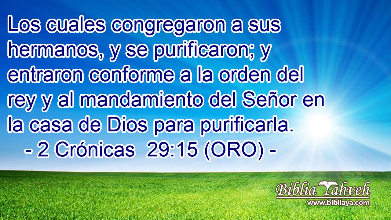  Los cuales congregaron a sus hermanos, y se purificaron; y entraron conforme a la orden del rey y al mandamiento del Señor en la casa de Dios para purificarla. 