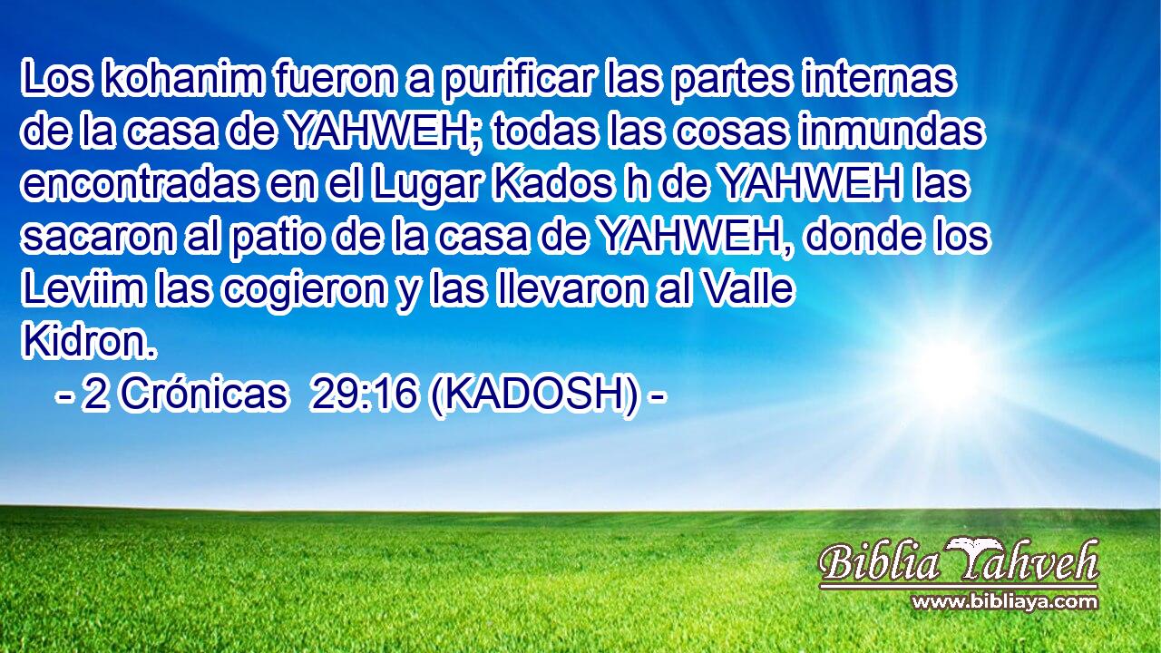  Los kohanim fueron a purificar las partes internas de la casa de YAHWEH; todas las cosas inmundas encontradas en el Lugar Kados h de YAHWEH las sacaron al patio de la casa de YAHWEH, donde los Leviim las cogieron y las llevaron al Valle Kidron. 