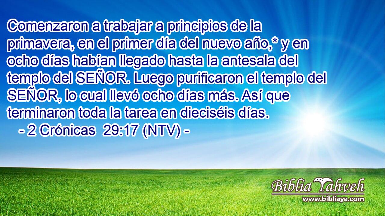Comenzaron a trabajar a principios de la primavera, en el primer día del nuevo año,* y en ocho días habían llegado hasta la antesala del templo del SEÑOR. Luego purificaron el templo del SEÑOR, lo cual llevó ocho días más. Así que terminaron toda la tarea en dieciséis días.