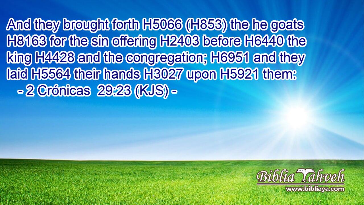 And they brought forth H5066 (H853) the he goats H8163 for the sin offering H2403 before H6440 the king H4428 and the congregation; H6951 and they laid H5564 their hands H3027 upon H5921 them: