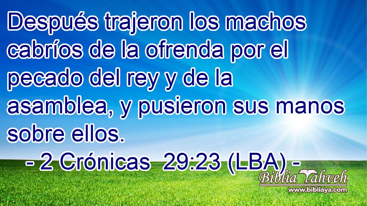 Después trajeron los machos cabríos de la ofrenda por el pecado del rey y de la asamblea, y pusieron sus manos sobre ellos.
