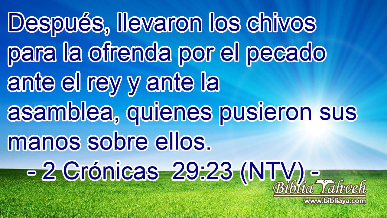 Después, llevaron los chivos para la ofrenda por el pecado ante el rey y ante la asamblea, quienes pusieron sus manos sobre ellos.