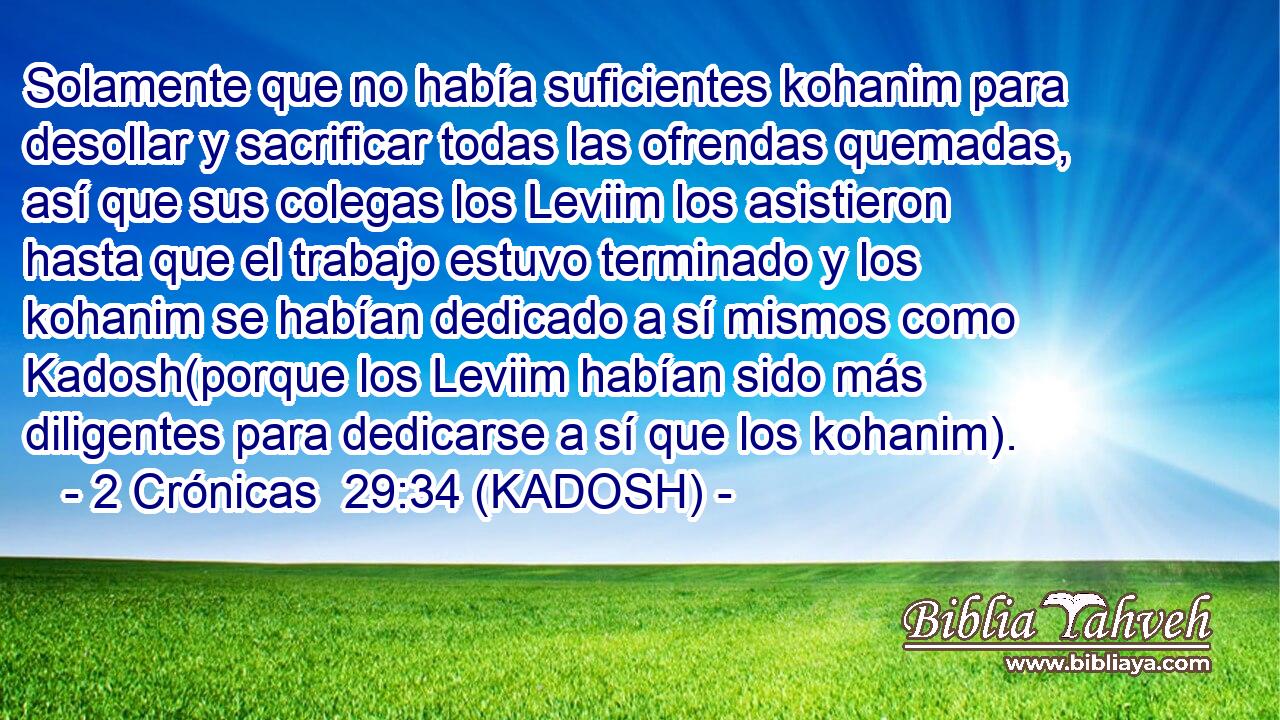  Solamente que no había suficientes kohanim para desollar y sacrificar todas las ofrendas quemadas, así que sus colegas los Leviim los asistieron hasta que el trabajo estuvo terminado y los kohanim se habían dedicado a sí mismos como Kadosh(porque los Leviim habían sido más diligentes para dedicarse a sí que los kohanim). 