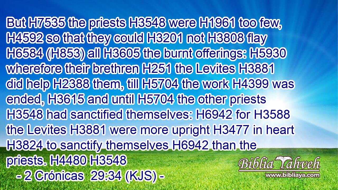 But H7535 the priests H3548 were H1961 too few, H4592 so that they could H3201 not H3808 flay H6584 (H853) all H3605 the burnt offerings: H5930 wherefore their brethren H251 the Levites H3881 did help H2388 them, till H5704 the work H4399 was ended, H3615 and until H5704 the other priests H3548 had sanctified themselves: H6942 for H3588 the Levites H3881 were more upright H3477 in heart H3824 to sanctify themselves H6942 than the priests. H4480 H3548