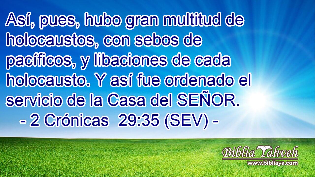 Así, pues, hubo gran multitud de holocaustos, con sebos de pacíficos, y libaciones de cada holocausto. Y así fue ordenado el servicio de la Casa del SEÑOR.