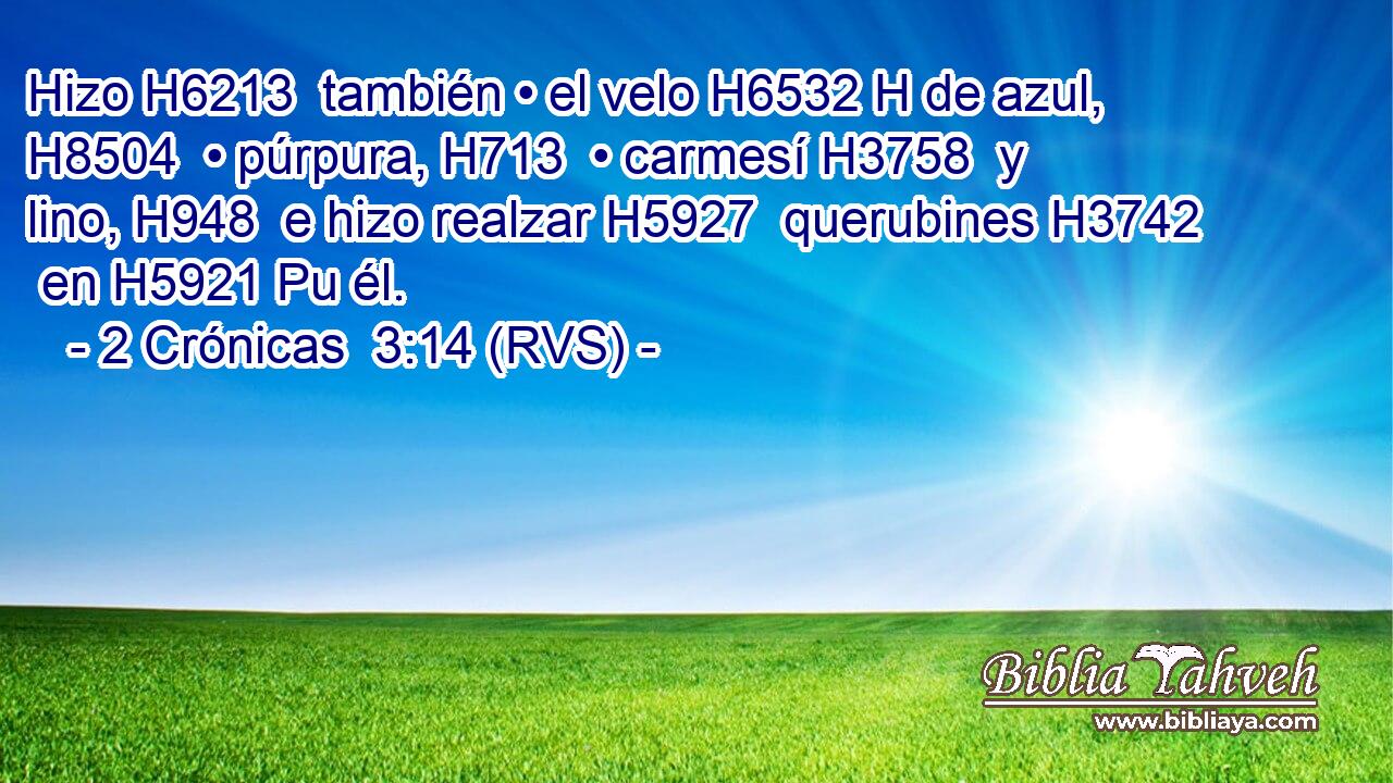 Hizo H6213  también • el velo H6532 H de azul, H8504  • púrpura, H713  • carmesí H3758  y lino, H948  e hizo realzar H5927  querubines H3742  en H5921 Pu él. 