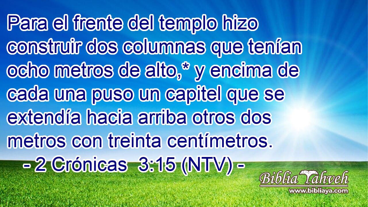 Para el frente del templo hizo construir dos columnas que tenían ocho metros de alto,* y encima de cada una puso un capitel que se extendía hacia arriba otros dos metros con treinta centímetros.