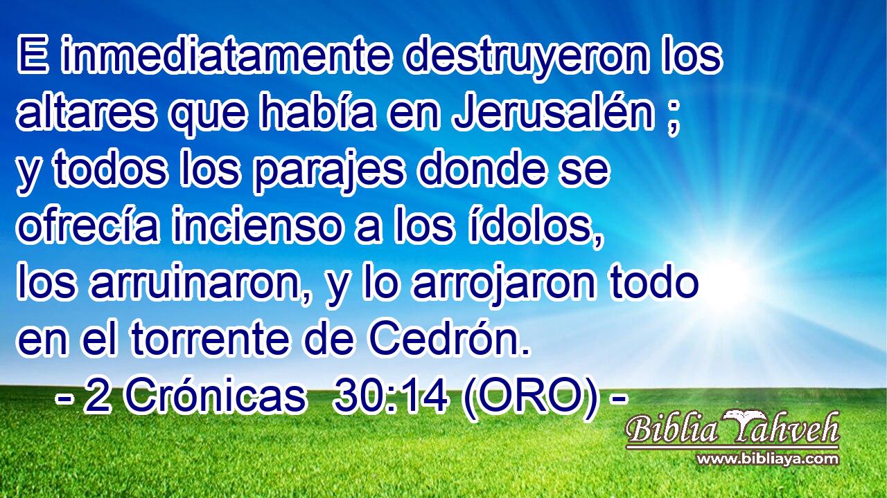  E inmediatamente destruyeron los altares que había en Jerusalén ; y todos los parajes donde se ofrecía incienso a los ídolos, los arruinaron, y lo arrojaron todo en el torrente de Cedrón. 